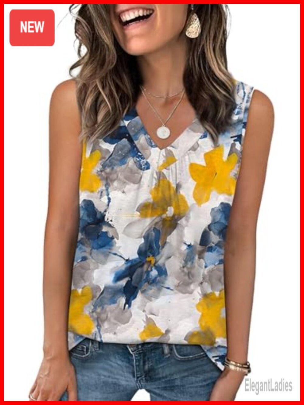 Women's Loose Fit Sleeveless V Neck Pleated Tank Top Curved Hem
